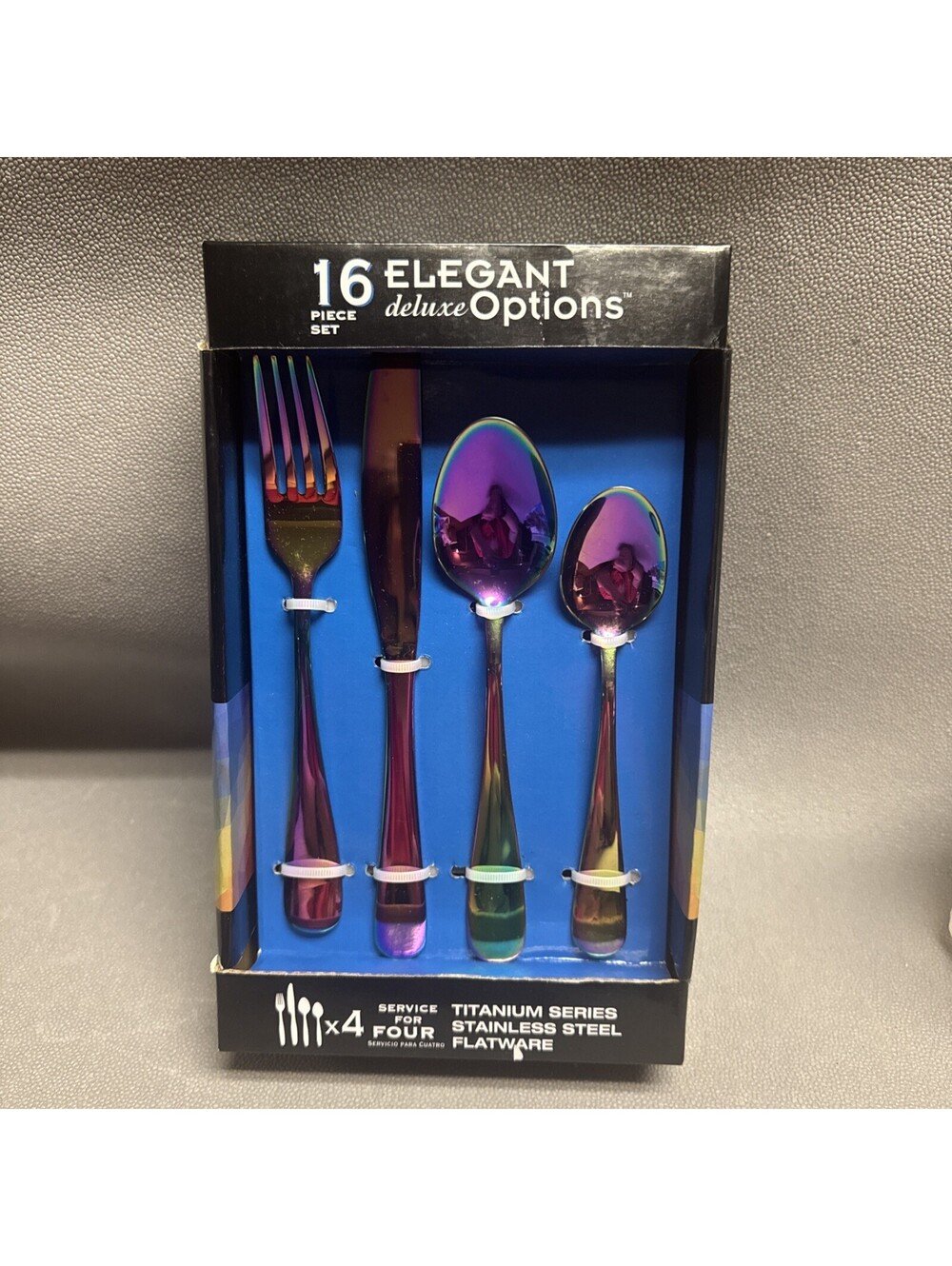 16 PC Stainless Steel Flatware Set Iridescent Rainbow For 4 Titanium Series